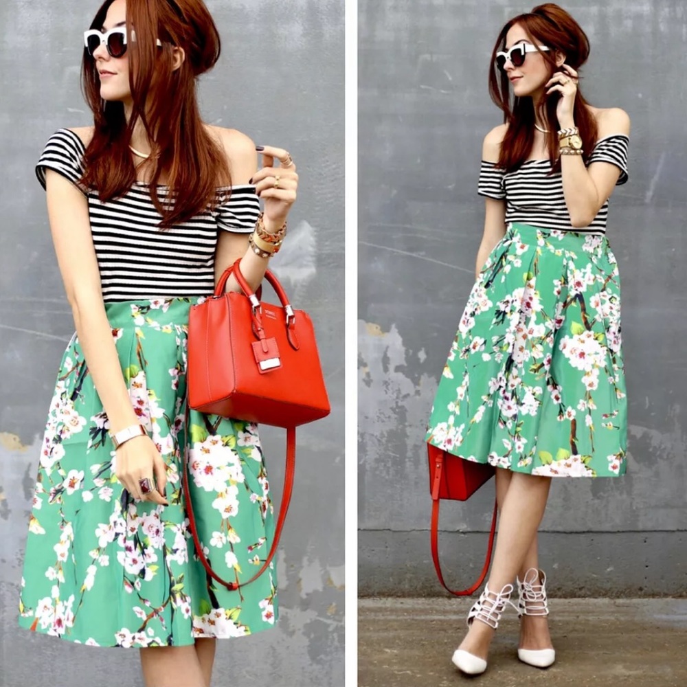 NEW Persun Retro High Waist Pleated Peach Blossom Floral Skater Midi Skirt S/M